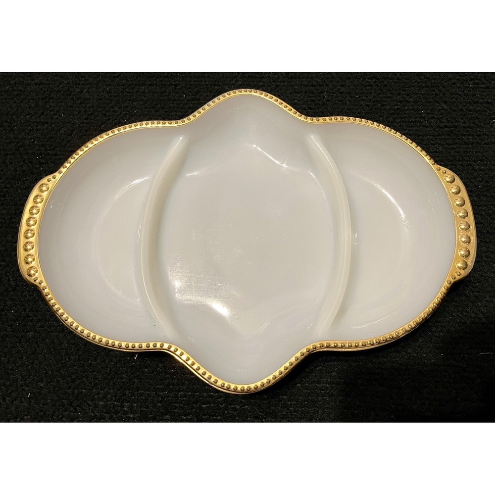 Fire King Milk Glass 3 Section Divided Relish Serving Dish Gold Beaded Edge